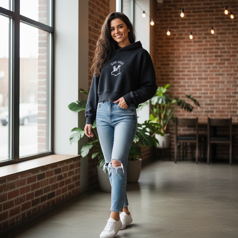 RAWGEAR Women's Cropped Wolf  Hoodie Patch and Embroidered Logo Black Size Large